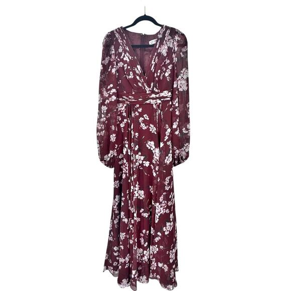 Mac Duggal Floral Chiffon Bishop Sleeves Gown Dress Burgundy Size 0 NWT - Picture 8 of 13
